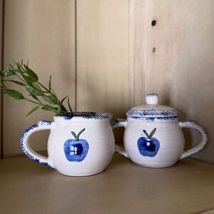 Vintage Ceramic Blue Apple Creamer and Sugar Set 💙🍏